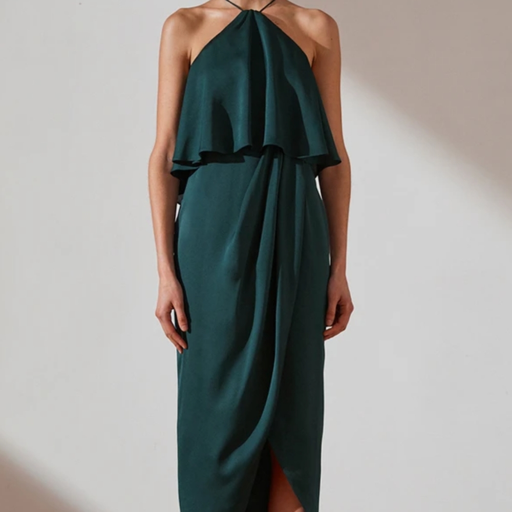 Shona Joy Emerald Green Halter Draped Midi Dress